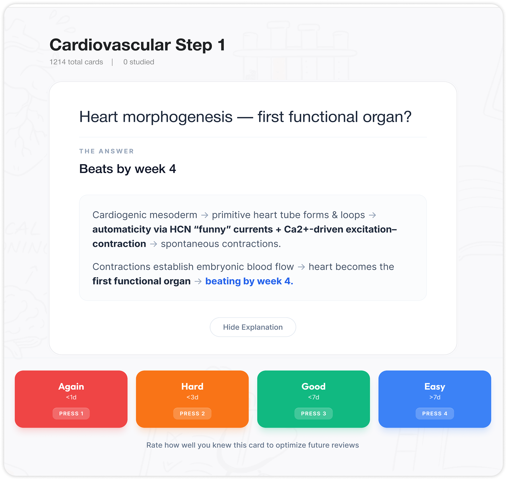StepGenie flashcard review screen with spaced repetition scheduling and retention tracking