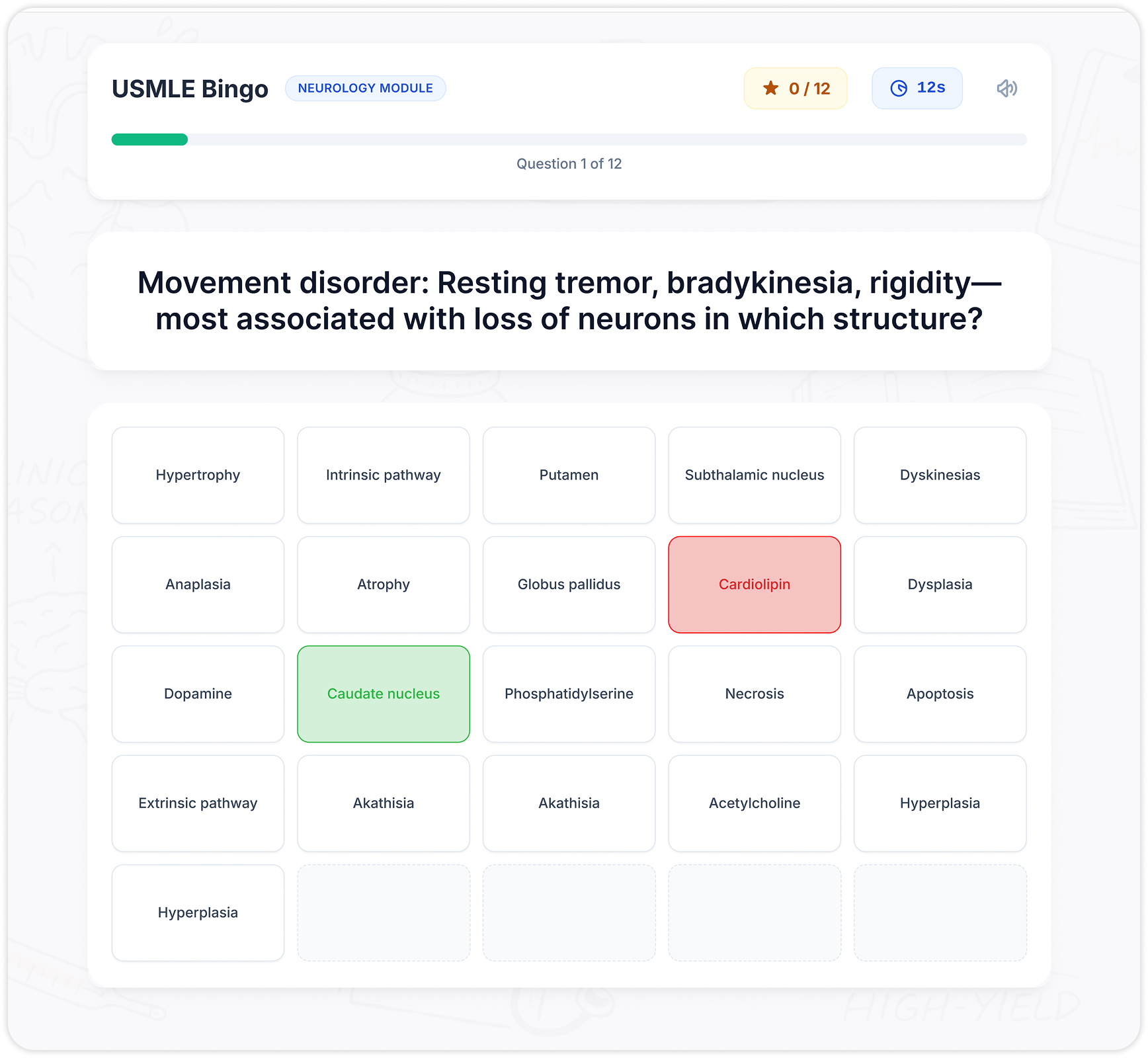 StepGenie USMLE Bingo game mode with timed rapid-fire questions and leaderboard
