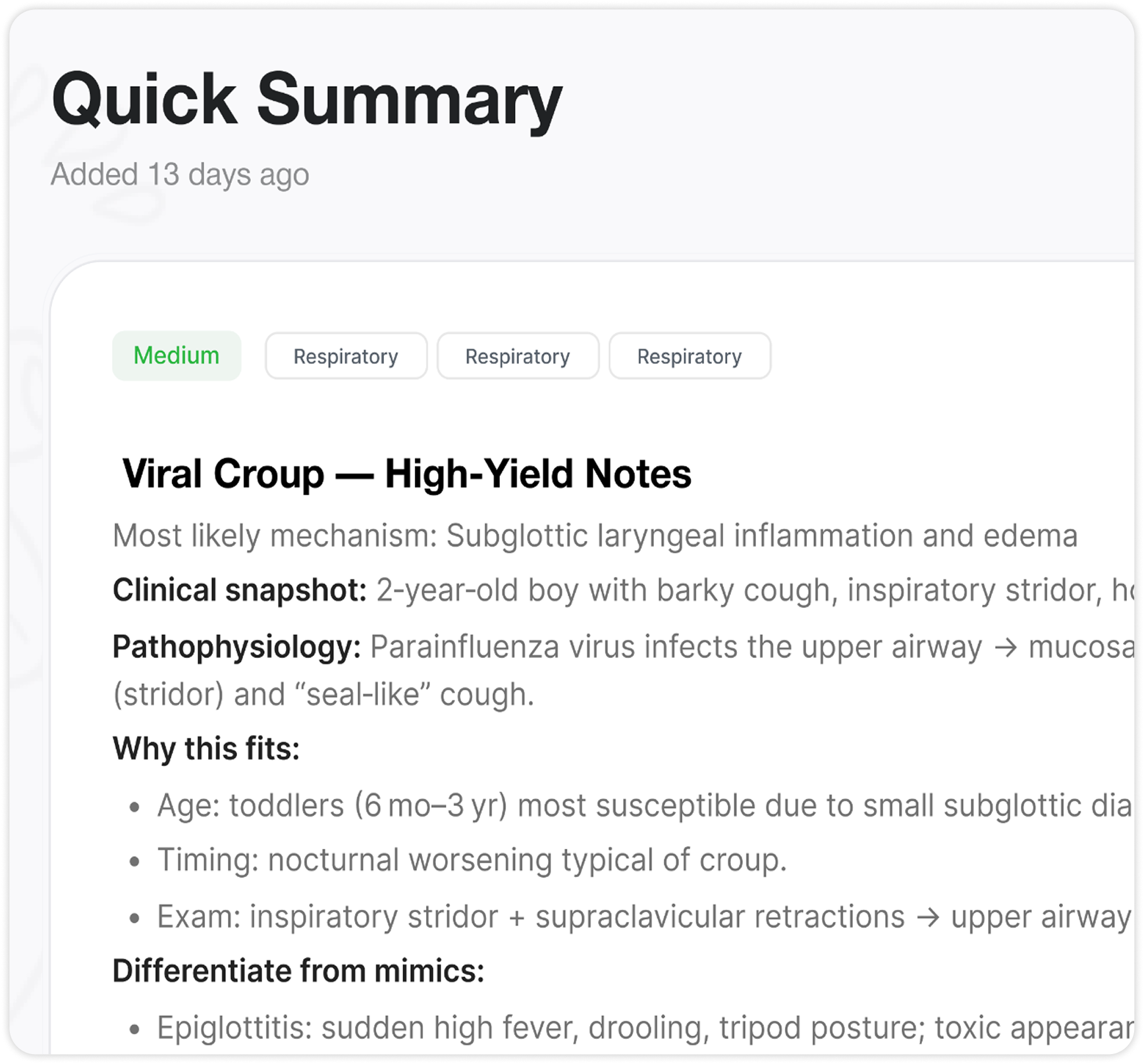 StepGenie Quick Revision view condensing clinical vignettes into key learning points